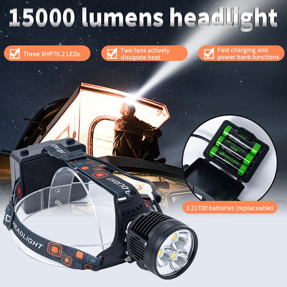 Powerful Headlamp 3*XHP70.2 LED Beads Super Bright Head Lamp Fan-Cooled Multi-Mode Rechargeable Headlight For Outdoor Fishing