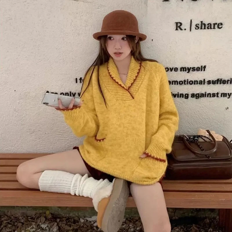 

Sweet Yellow Knitted Sweater Women Long Sleeve Pocket Patchwork Lazy Wind Pullovers Loose Casual Vintage Korean Simple Jumpers
