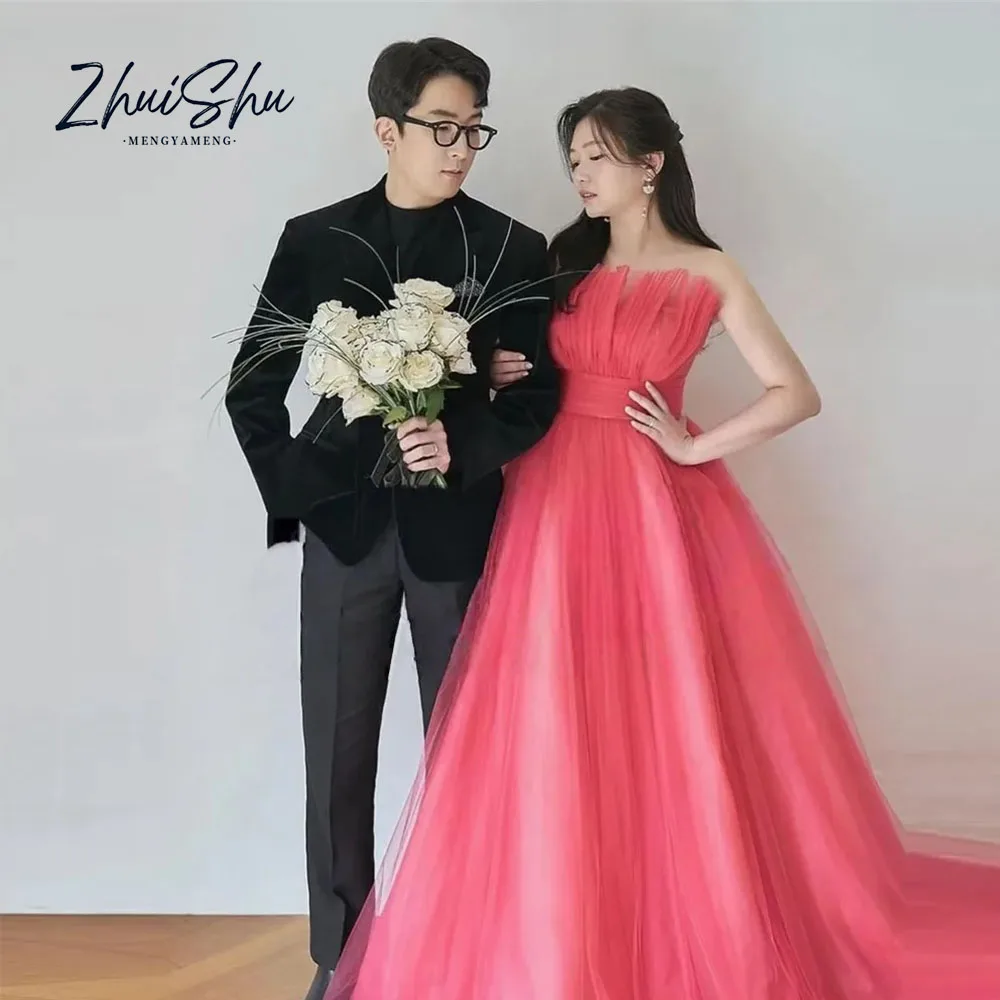 Fairy Tulle Korea Evening Dresses Scalloped Photo shoot Korea Wedding Party Dress Customized Rose Pink Bride Dresses