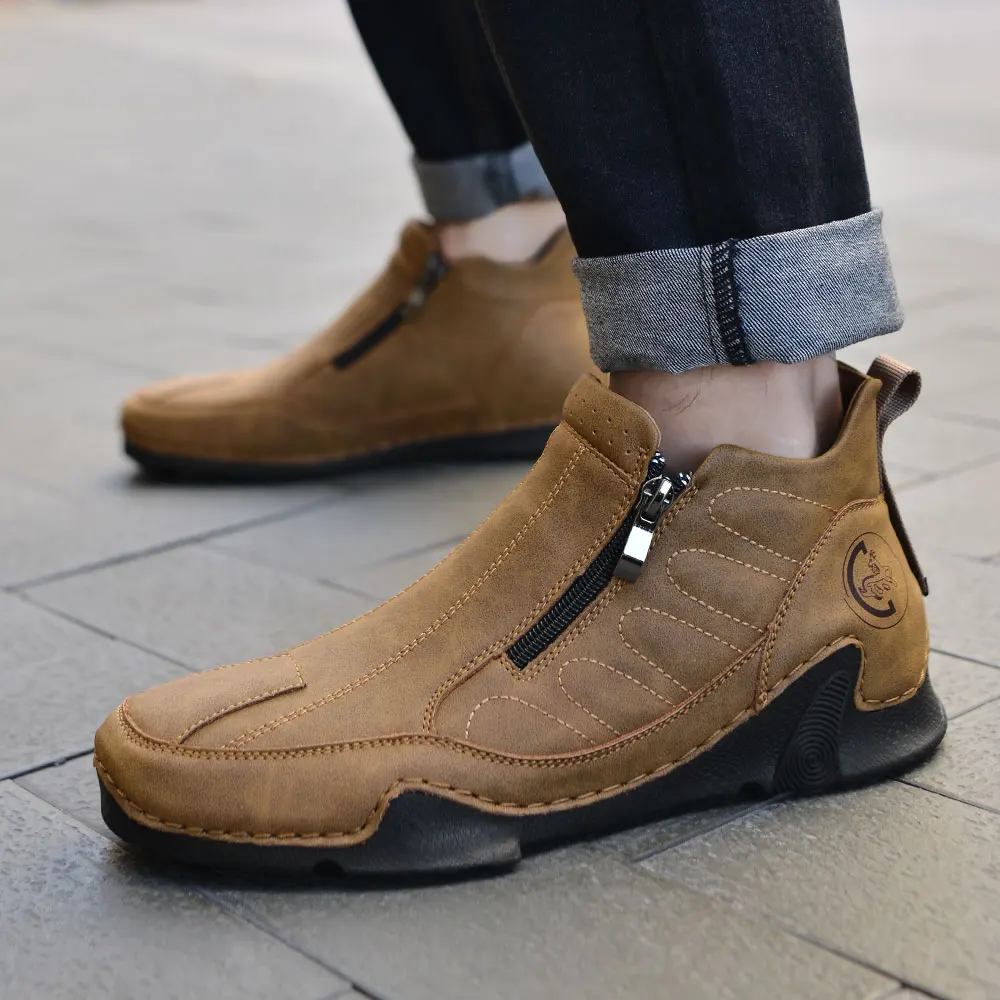 

New autumn outdoor design sports shoes zipper shoes men's boots winter Handmade leather casual shoes plus size 38-48