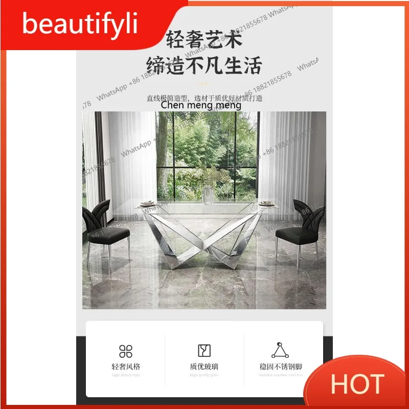 

C6601 Nordic light luxury tempered glass dining table and chairs modern simple combination rectangular household rock table
