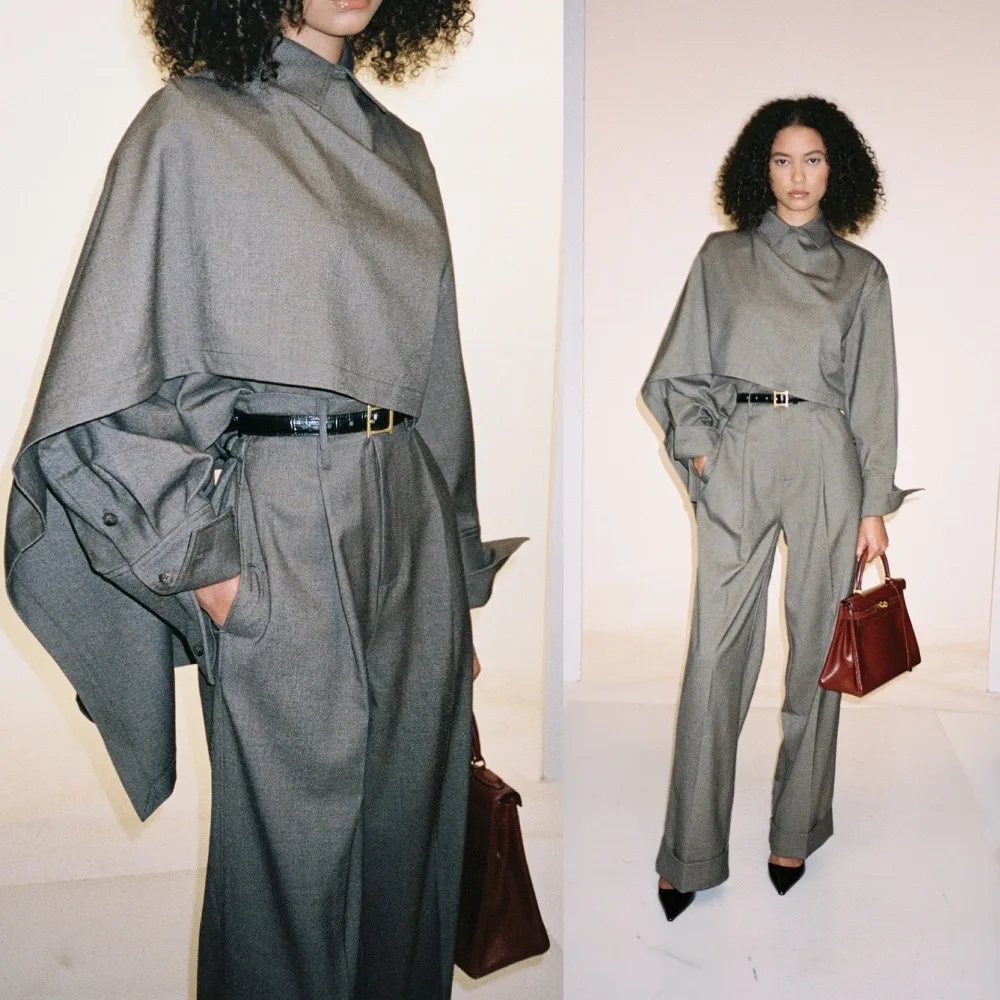 

Fashion Gray 2 Piece Set Lapel Asymmetric Solid Color Long Sleeves Top High Waist Straight Pants Elegant Casual Office Lady