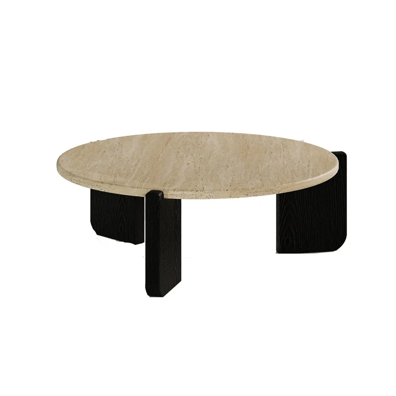 Wabi Sanfeng minimalist solid wood travertine coffee table medium and ancient style small apartment living room household round