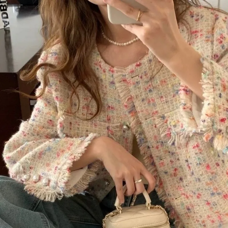 Rainbow Colours Coarse Weave Fringe Trim Outerwear Niche Market Chic Top Women's Spring Autumn Cropped Tweed Jacket