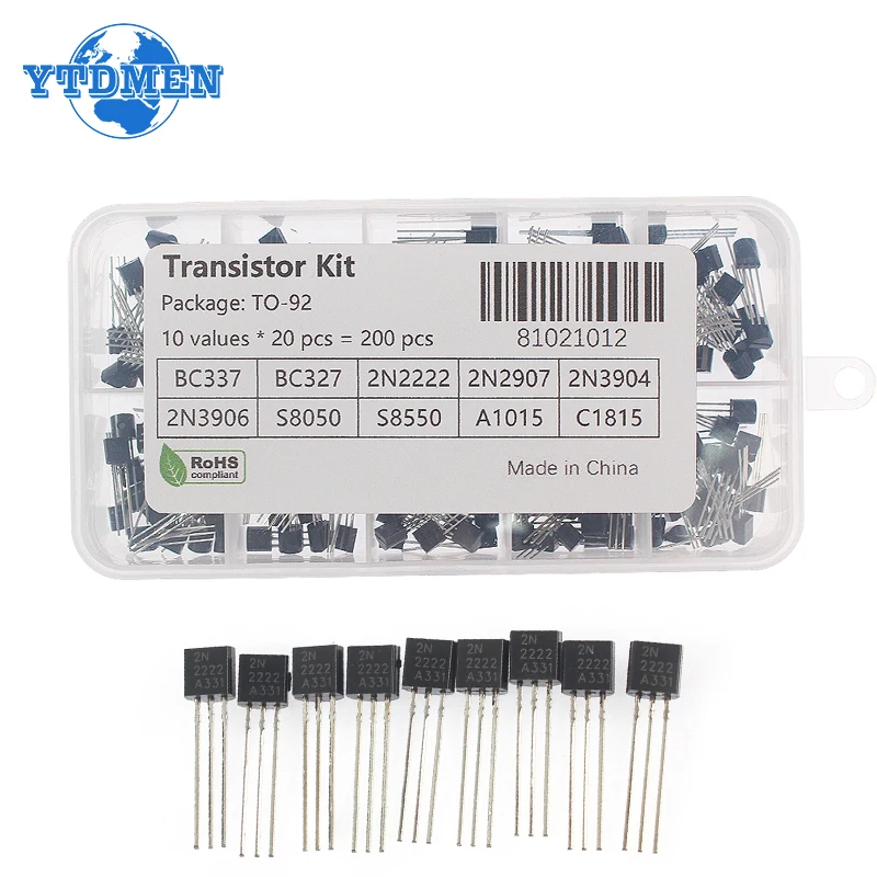 50-200PCS Transistor Assorted Kit TO-92 2N2222 2N2907 2N3906 2N5401 2N5551 A1015 BC327 BC337 BC548 BC549 C1815 S8050 PNP NPN