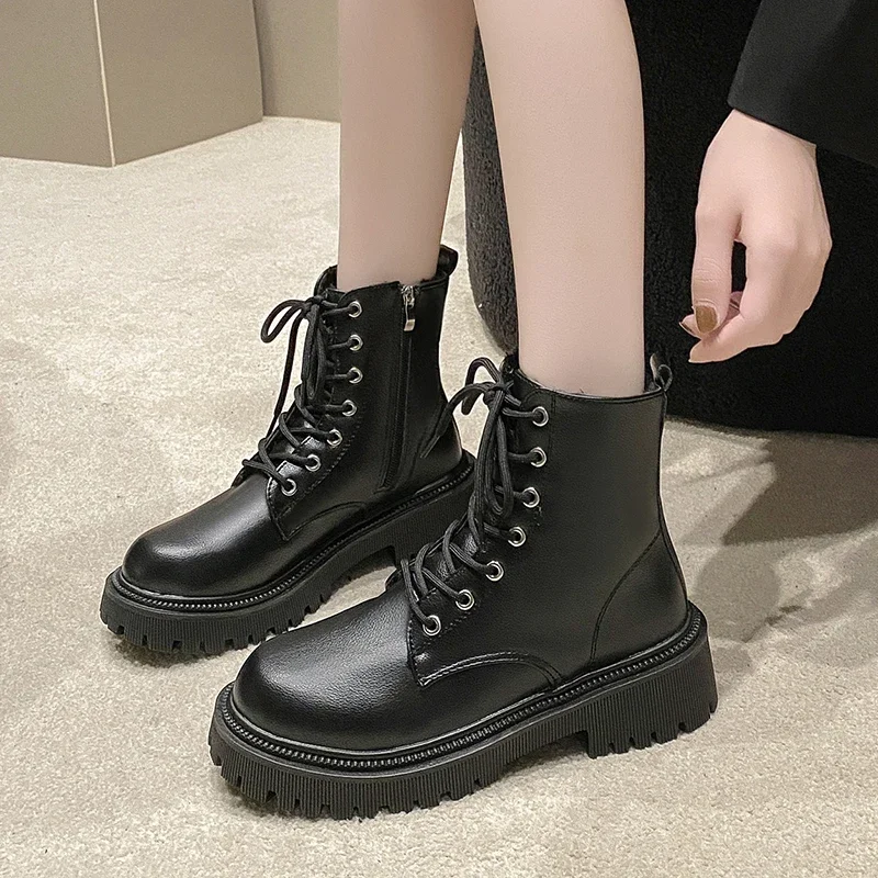 Women's Boots 2024 Autumn/Winter New British Style Plush Fashion Thick Bottom Motorcycle Boots Lace Comfort Zipper Snow Boots