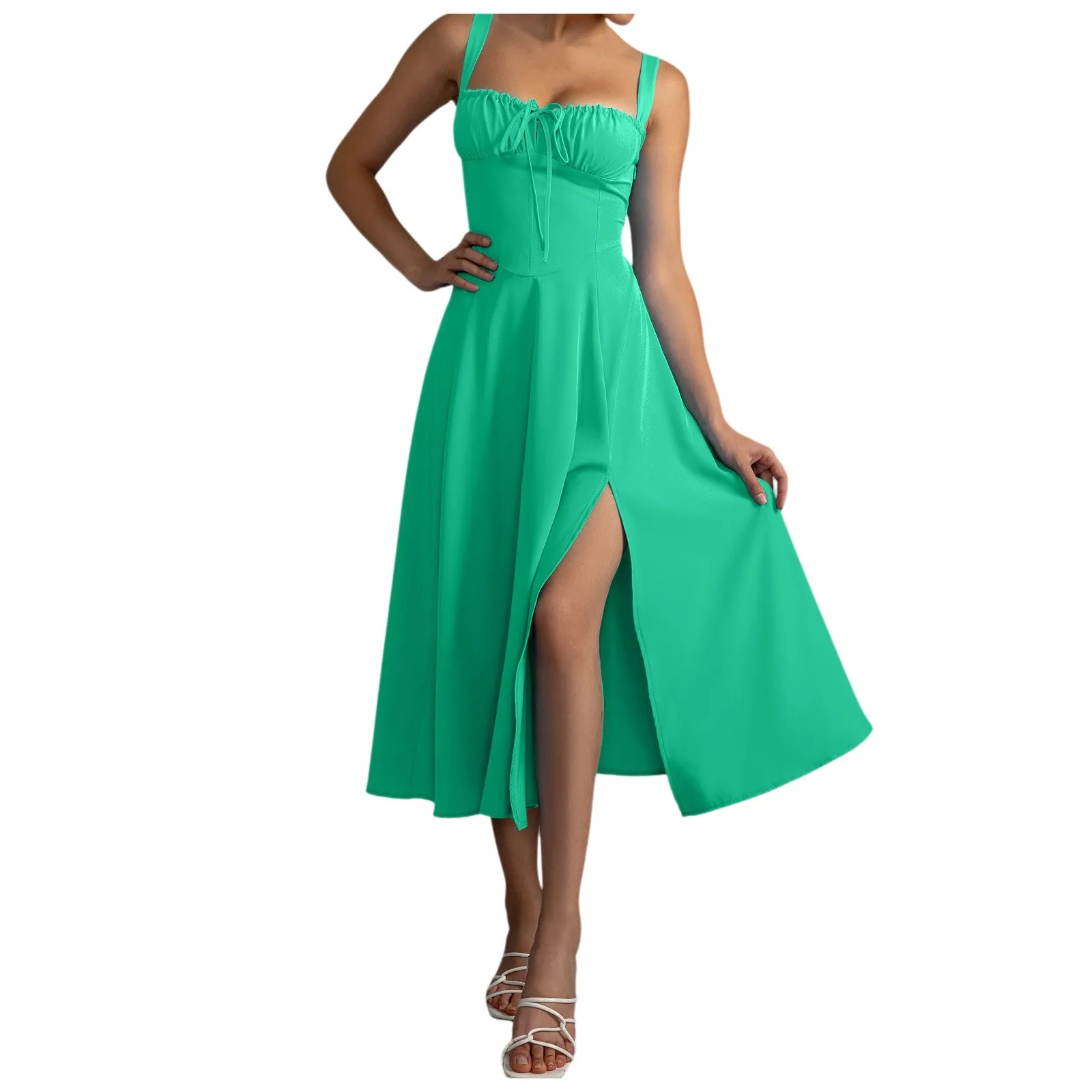 

High Waisted Slim Fit Sexy Camisole Dress Women Lace Up Slit Casual Pleated Midi Dresses Solid Color Party Sleeveless Dress