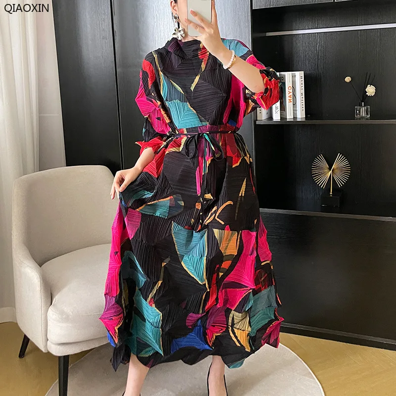 

Irregular Diamond Pleat Dress Women Stand Collar Fashion Spring Summer 2023 New Print Belt Block Color Casual Lady