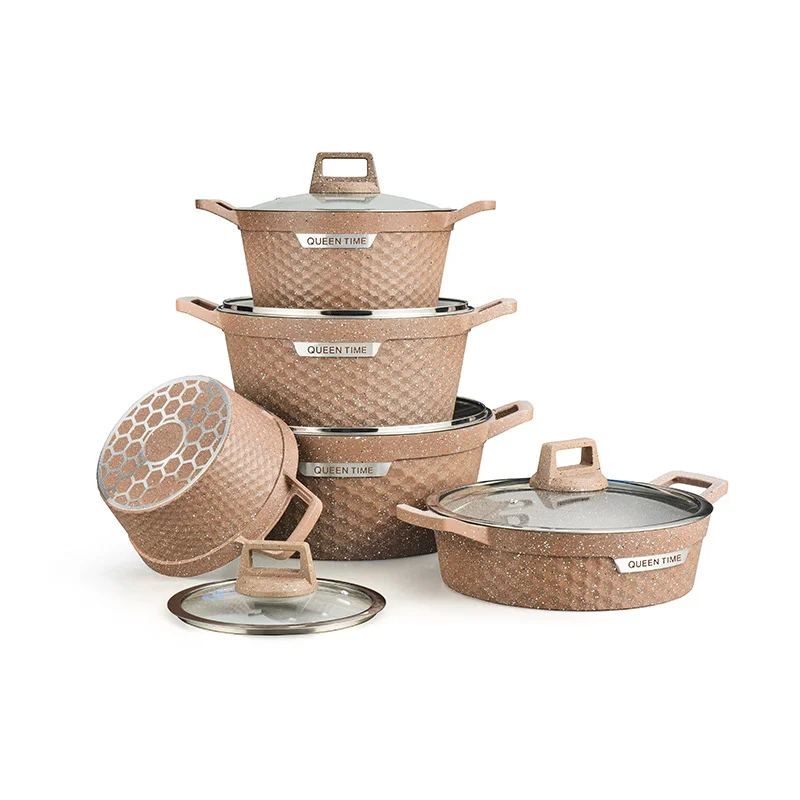10Pcs Novel Non-Stick Pot and Pot Set Pink Cookware with Induction Bottom for Household Alumina and Glass Materials