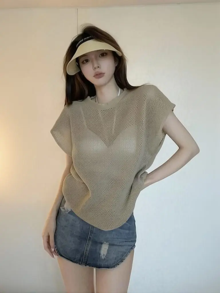 Hollow Out Batwing Short Sleeve T Shirt Women Knit Sheer Summer Top Loose Oversize Tee Casual Lady Crew Neck Beach Holiday New