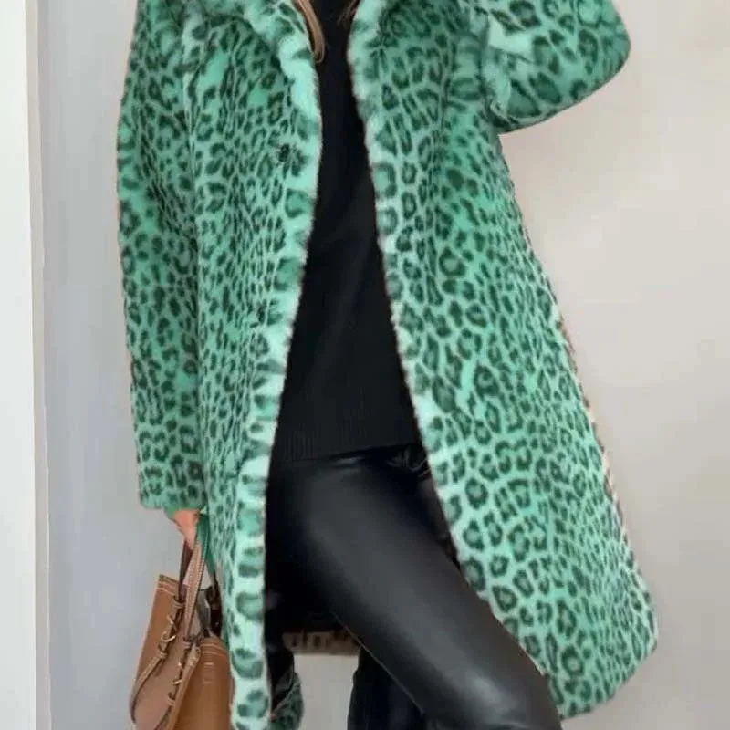 Autumn Winter Women's Jacket Leopard Print Plush Material Mid-Length Long Sleeve Open Cardigan Fashion Abrigos Invierno Mujer