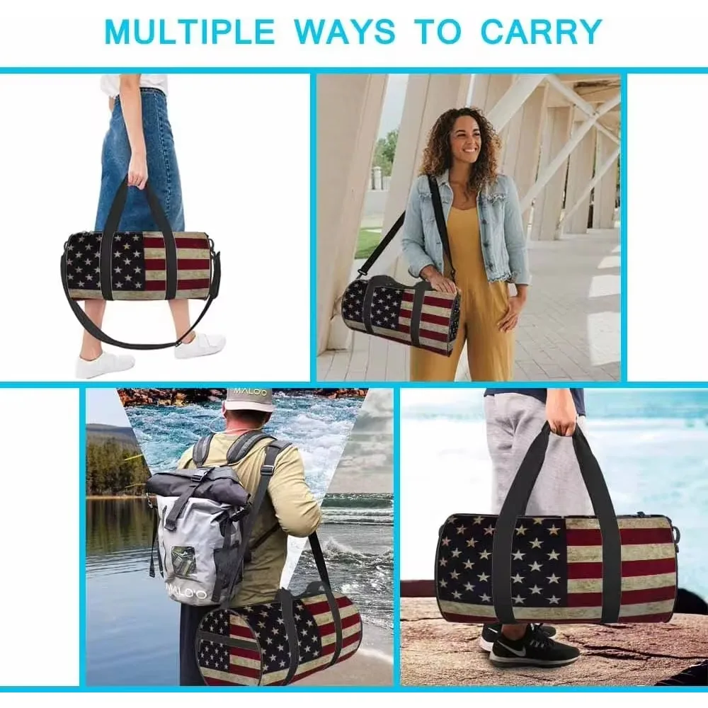 American Flag Sports Duffle Bag Retro USA Patriotic Striped Stars Men Women Weekender Bag for Traveling Tote Gym Shoulder Bag