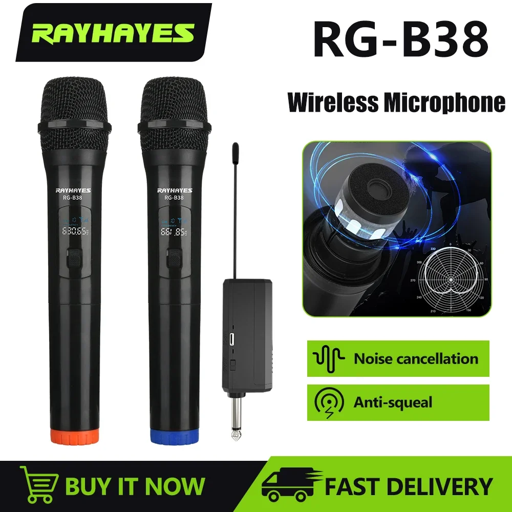 

RAYHAYES RG-B38 Wireless Microphone 2 Channels Cardioid Dynamic Handheld Wireless Mic Micphone LED Digital Studios Karaoke