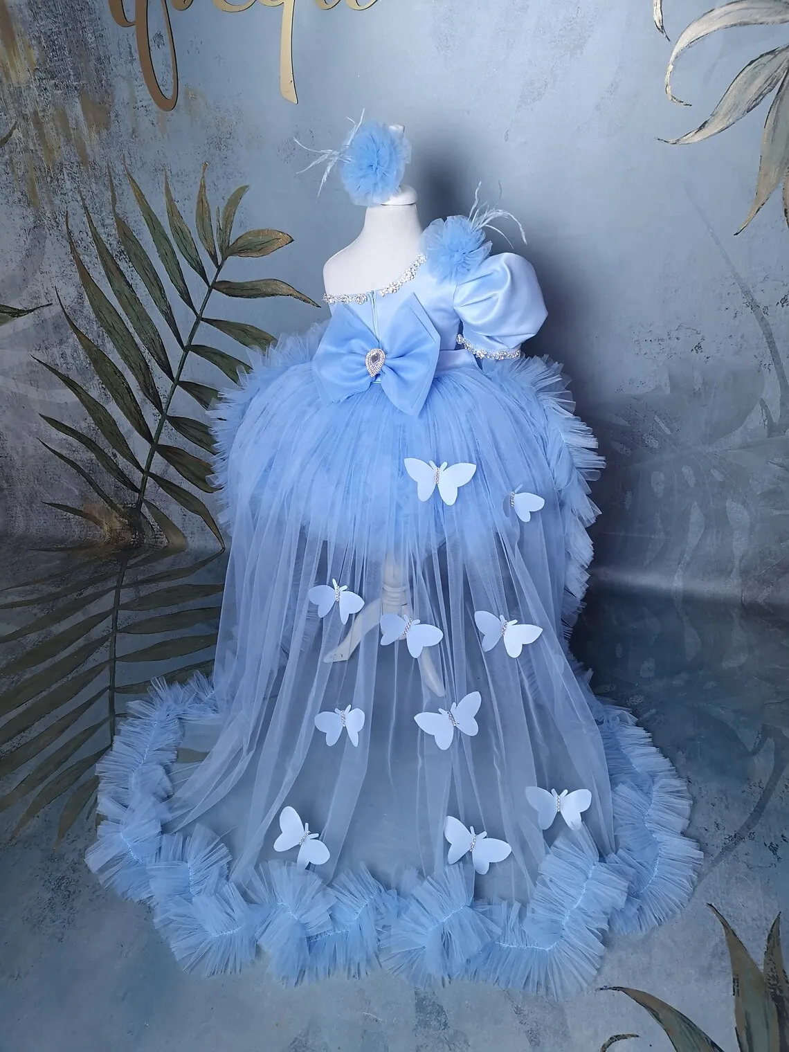 Puffy One Shoulder Blue Flower Girl Dresses Tulle Ruffles Wedding Birthday Party Dress Butterfly Holy First Communion Prom Gowns