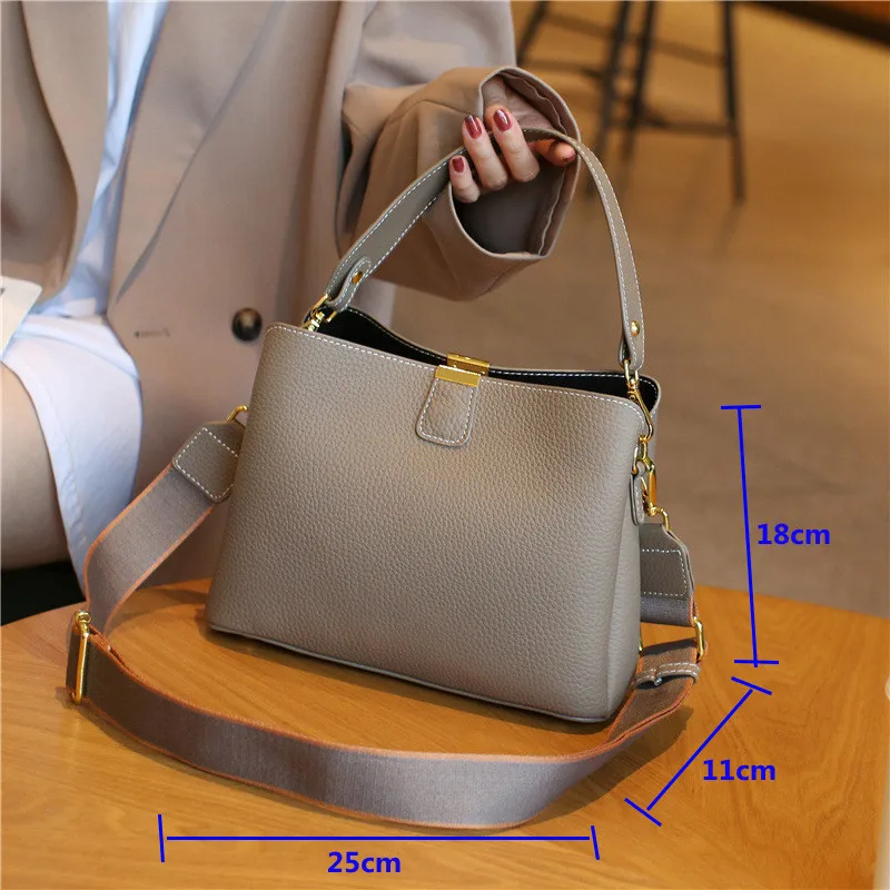 2024 Women\'s Genuine Leather Bag Female New Luxury Bucket Handbag Lady Fashion Casual Shoulder Bag Crossbody Messenger for Girls