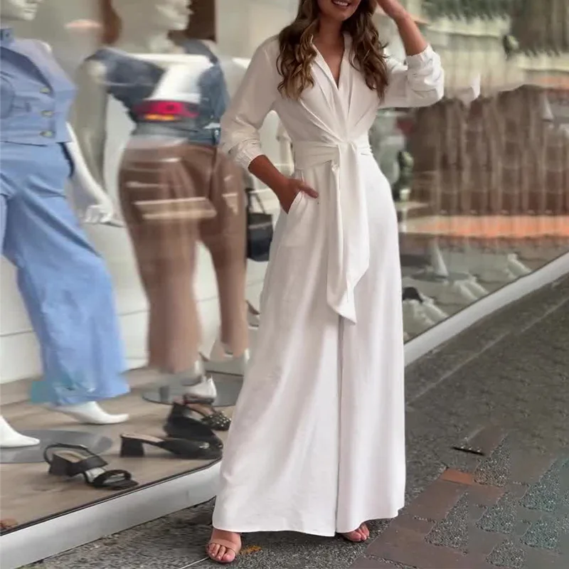 Fashion Lace-up Jumpsuit Autumn Office Ladies Turn Down Collar Solid Color Women Clothing Casual Commuting Style Female Clothes