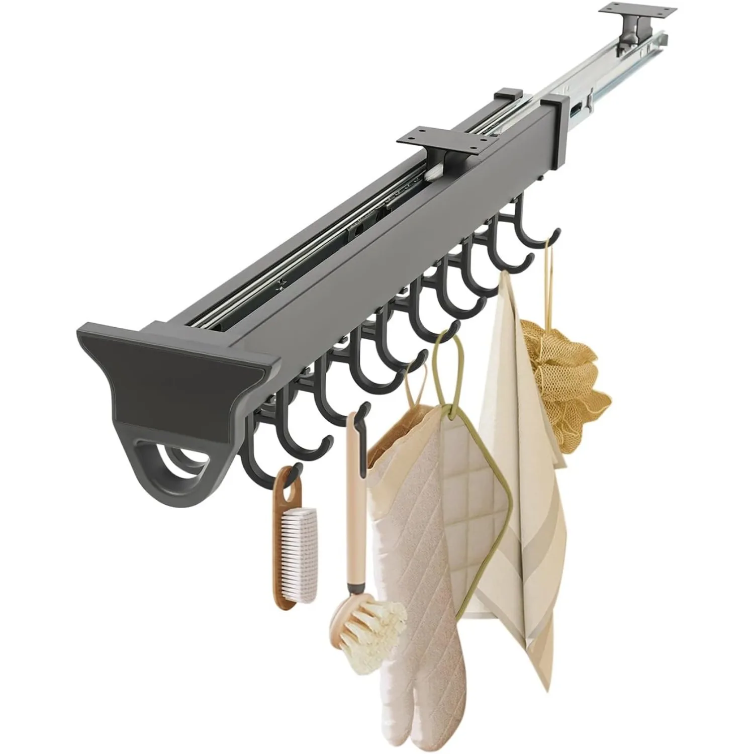 

Pull Out Storage Rack, Wall Organizer with 20 Hooks for Brooms/Mops/Clothes, Multifunctional Slide Organizer, Hanging Storage Rack