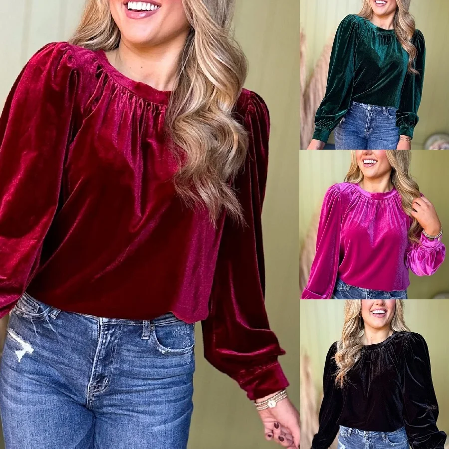 

Nice Women Autumn Winter Velvet Tops O-neck Long Sleeve Pullover Blouses And Shirts Ladies Casual Blusa Top