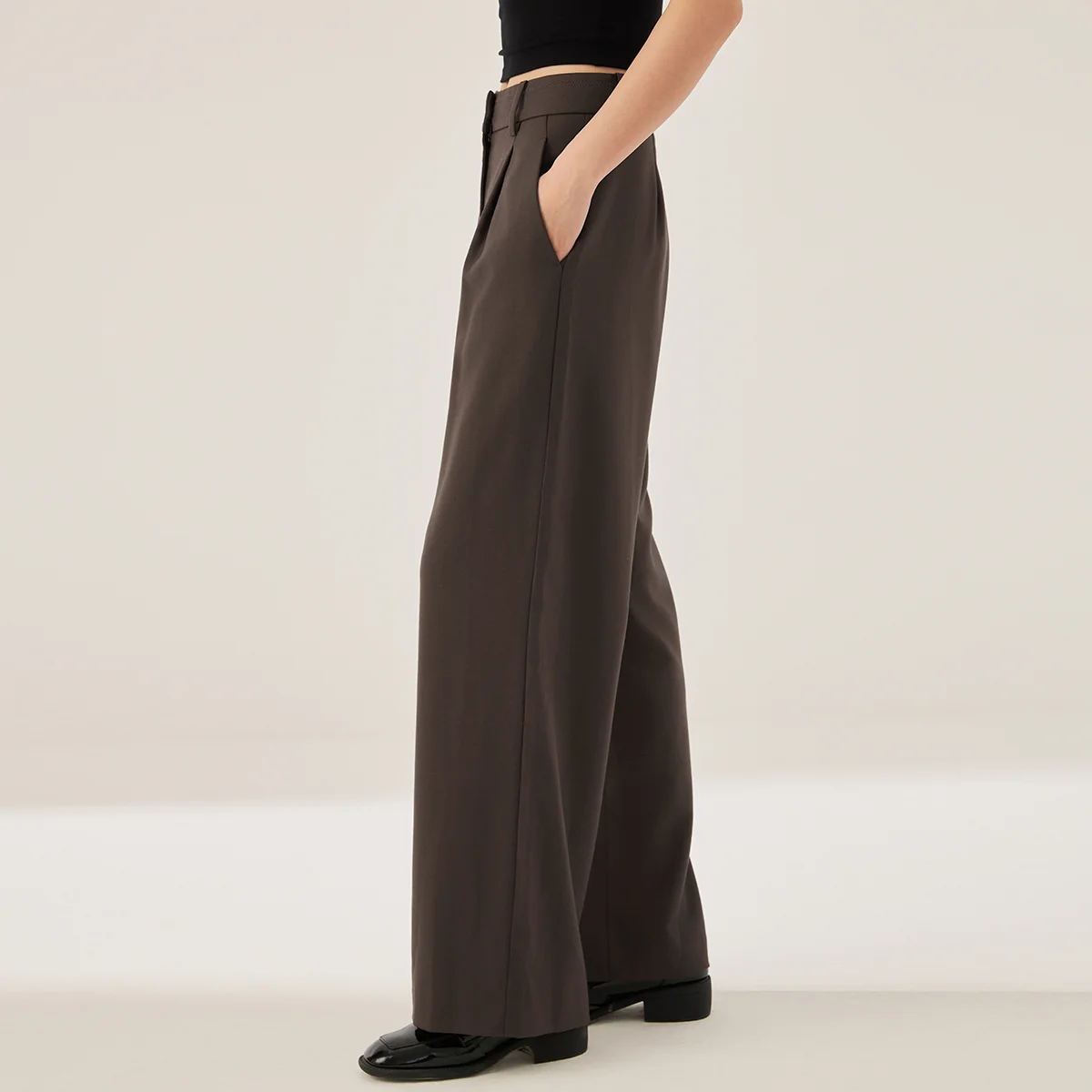 

KL9523416 High-Waisted Wide-Leg Wool Blend Pants for Women Pleated Front Trousers with Pocket