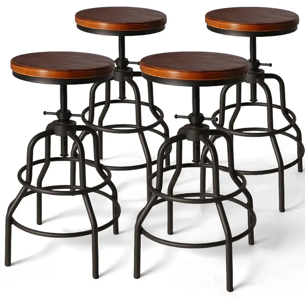 

Adjustable Vintage Industrial Wooden Bar Stools - Brown Seat, Black Metal Base, 23.6-29.5 Height, Set of 4