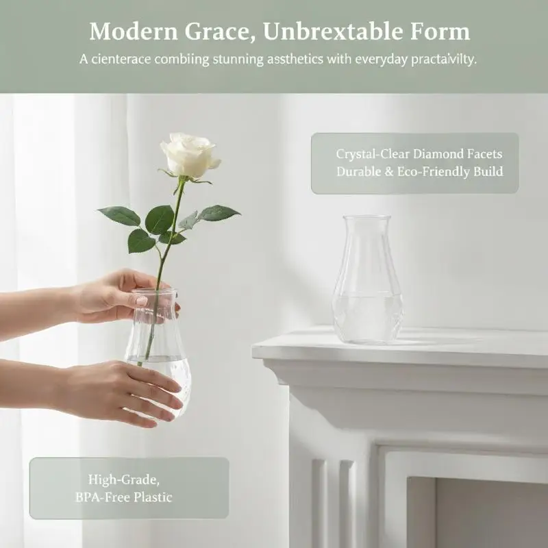Clear PET Diamond-Pattern Vase, 15x8cm, Shatterproof, For Hydroponics & Fresh Flowers
