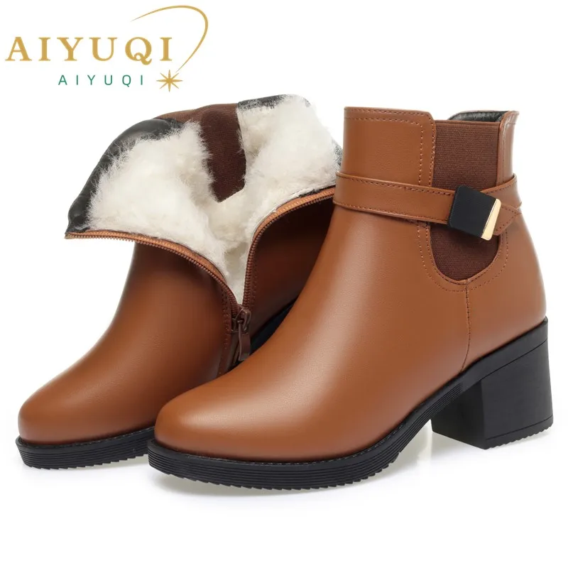 Aiyuqi botas femininas 2024 novas botas de tornozelo de couro genuíno tamanho grande lã natural botas de inverno sapatos