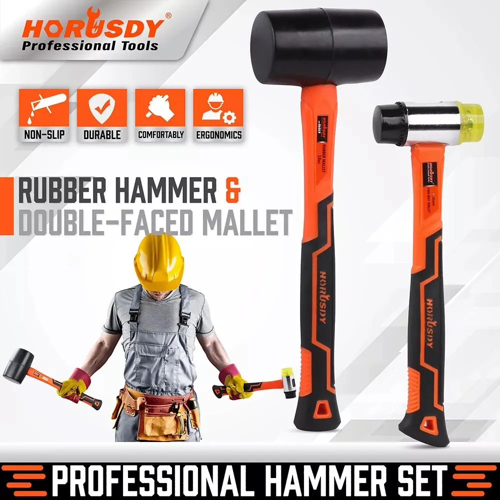 HORUSDY 2Pc Rubber Mallet 16oz Hammer Double-Faced Soft Mallet Fiberglass