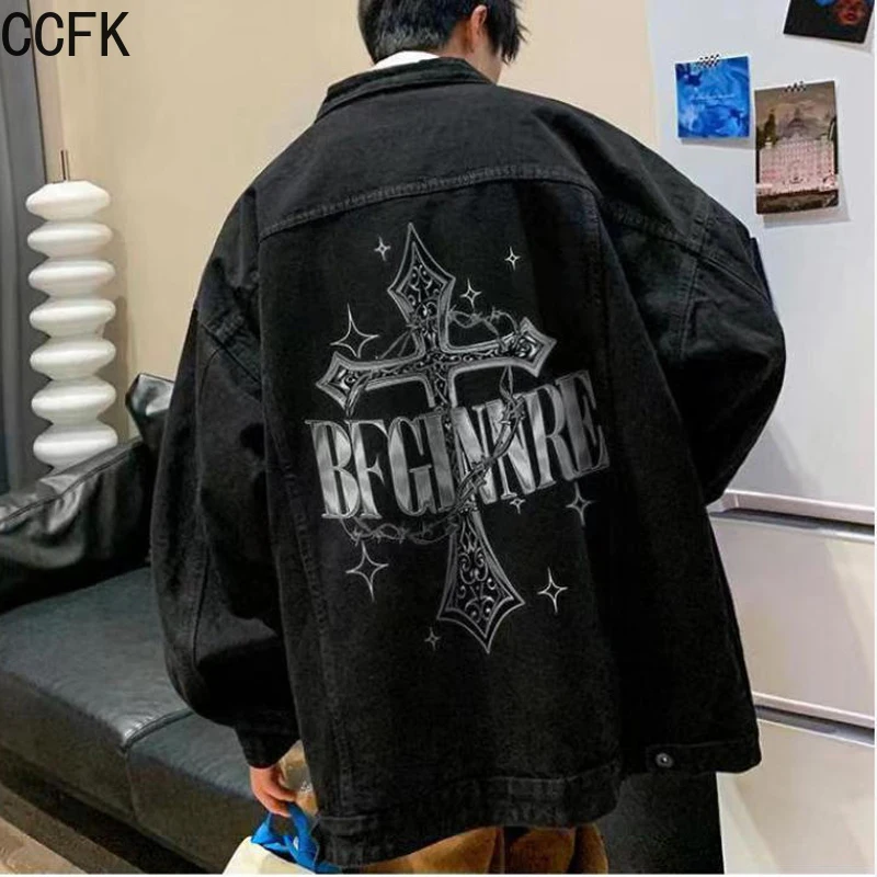 Hiphop cruz denim jaqueta feminina primavera outono lavado retro workwear jaqueta y2k casaco preto vintage casual topo goth bolso