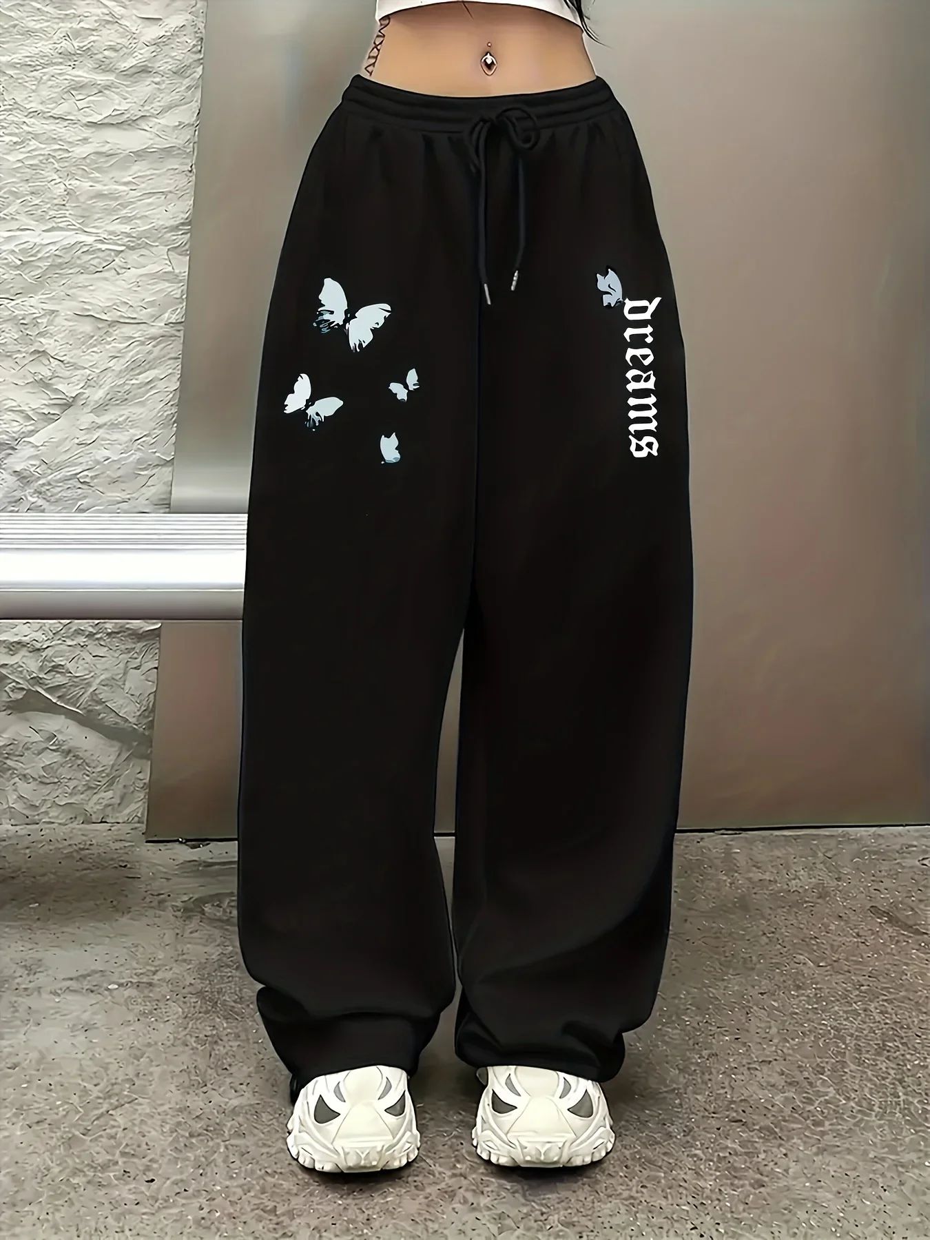2026 Women's Butterfly Print Fleece Sweatpants for Autumn and Winter Warm Casual Loose Stylish and Versatile Streetwear Trendy