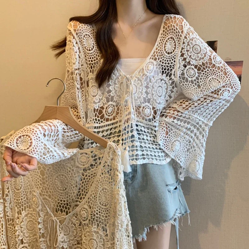 Women Hollow Out Crochet BOHO Sunscreen Shirt Vintage Lace Up Long Sleeve Loose Tops Seaside Vacation V-neck Mid-Length Pullover