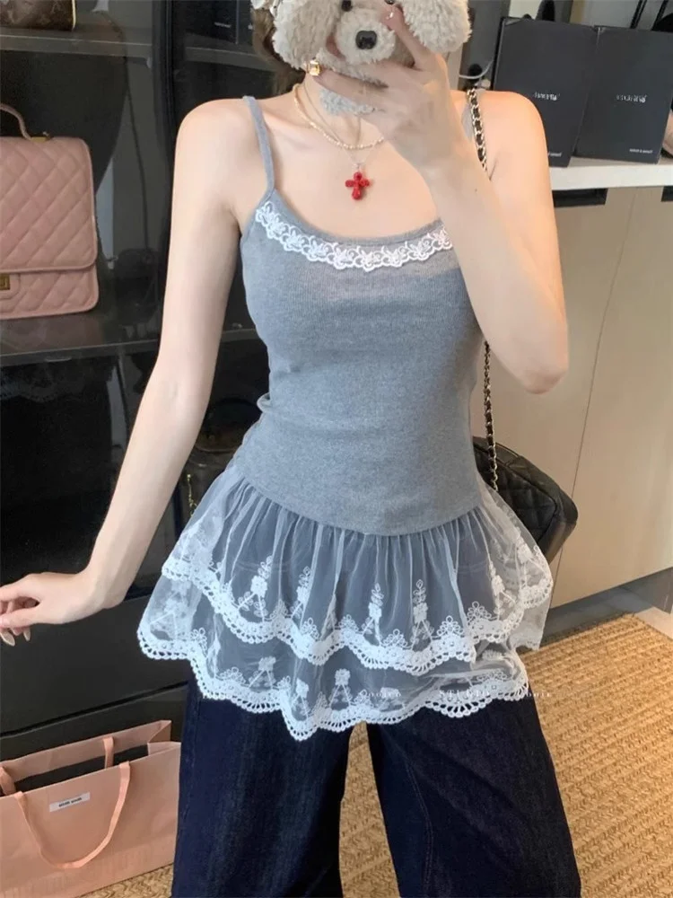 

Pure Desire Lace Splice Csole Tank Top Women Summer Anti-Aging Slim Fit Base irt Can Be Worn outside Svel Top