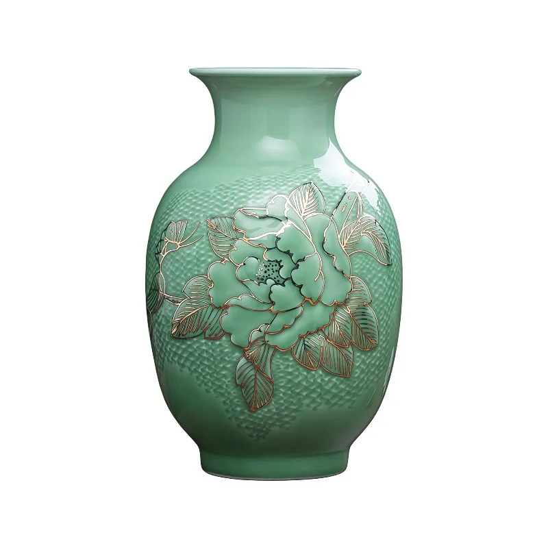 Hand-painted gold-painted peony vase Jingdezhen hand-painted gold-painted green glaze flower blooming rich ceramic vase