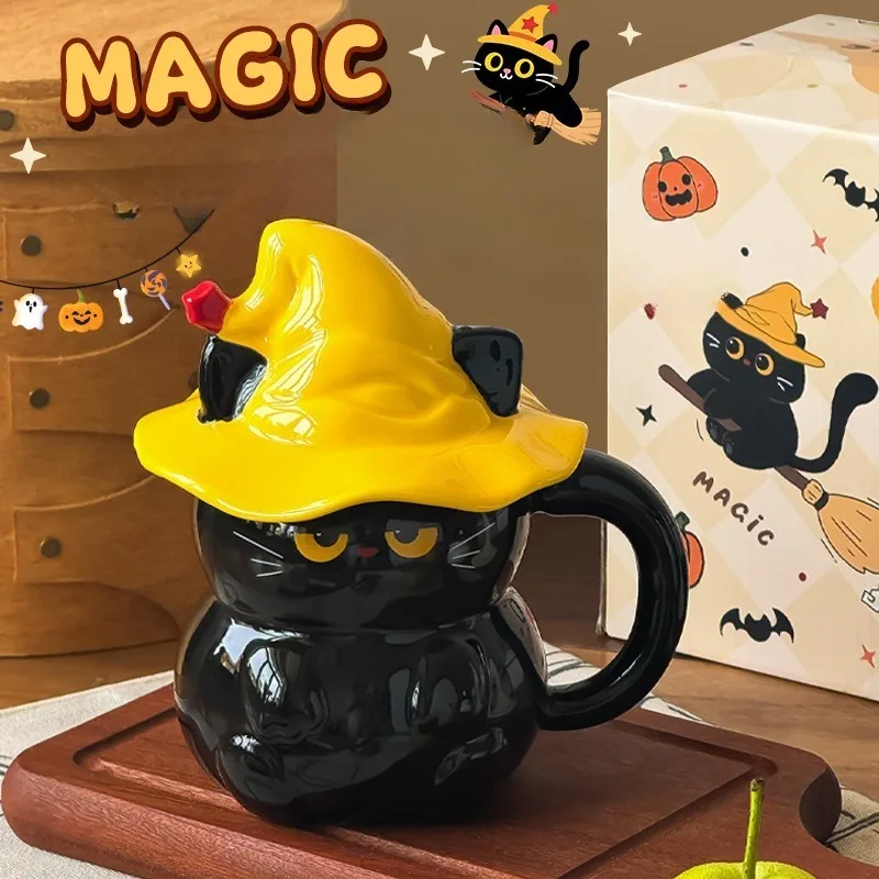 2025 New High-Quality Ghost Cat Ceramic Mug with Lid - Stylish Home Drinking Cup for Women, Practical  Convenient for Daily Use