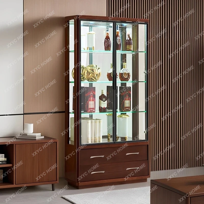 New Chinese wine cabinet Modern simple double-open glass door display Household integrated dining room storage against the wall