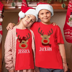 Personalised Kid Christmas Red Shirt Deer Name Child Short Sleeve Clothes T-shirt Sibling Matching Xmas Outfit Kids Tee Tops