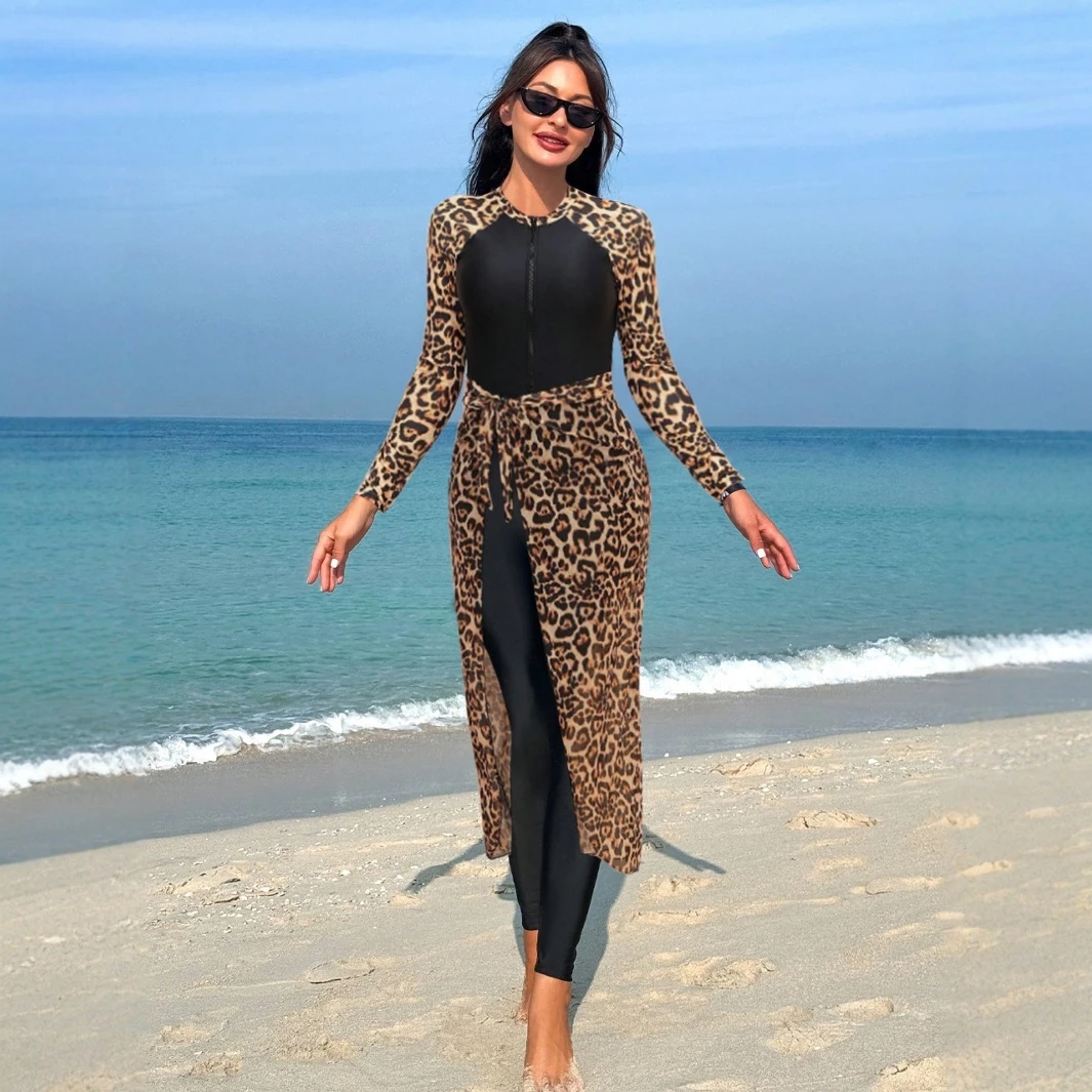 Leopard Modest Tummy Control New Swimsuit Long Sleeve UV Swimsuit Slim One Piece Swimwear Surf Diving Rashguard Swimsuit