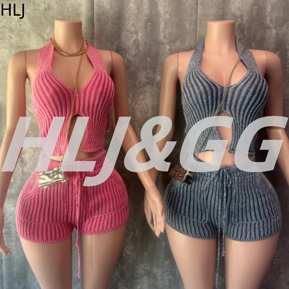 HLJ Fashion Stripe Print 2 Piece Sets Woman Outfit Halter Backless Slim Crop Top + Bodycon Shorts Female Streetwear Spring New