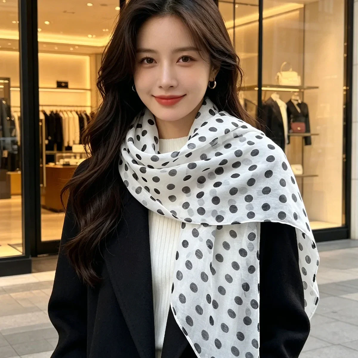 New 100% Mulberry Silk Scarf 160x33cm Women Luxury Narrow Long Scarf Dot Print Silk Chiffon Shawl Wrap Breathable Sun Protection