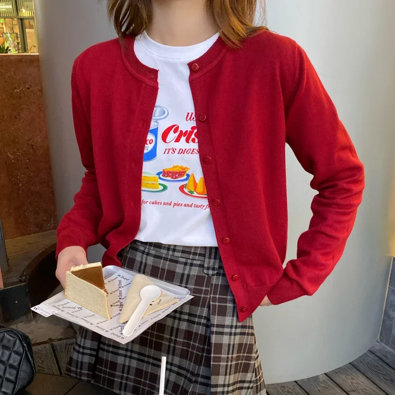 Sueter Feminino Nuovo maglione lavorato a maglia con o-collo a maniche lunghe Cardigan da donna Maglione lavorato a maglia rosso nero Cardigan Donna Top Maglioni Q2080