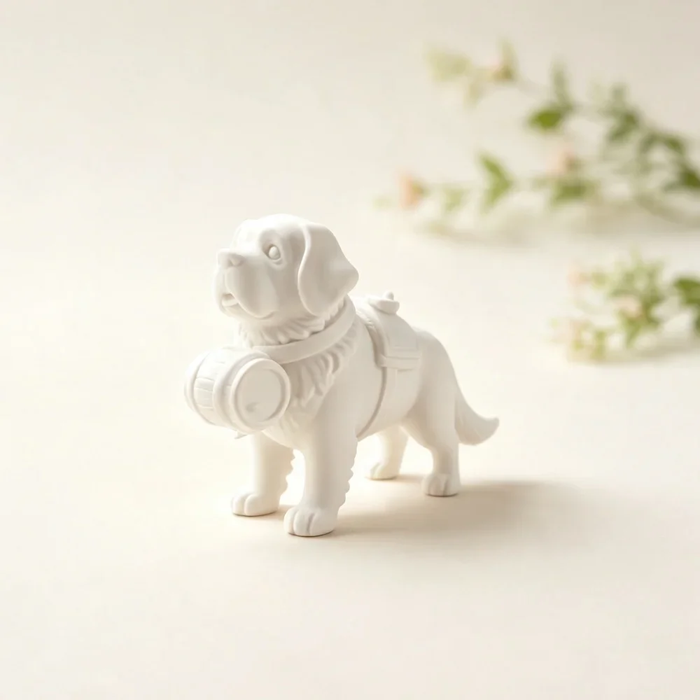 3D Printed White St Bernard Dog Figurine Carrying Barrel Cute Rescue Puppy Sculpture For Desk Shelf And Whimsical Home Decor