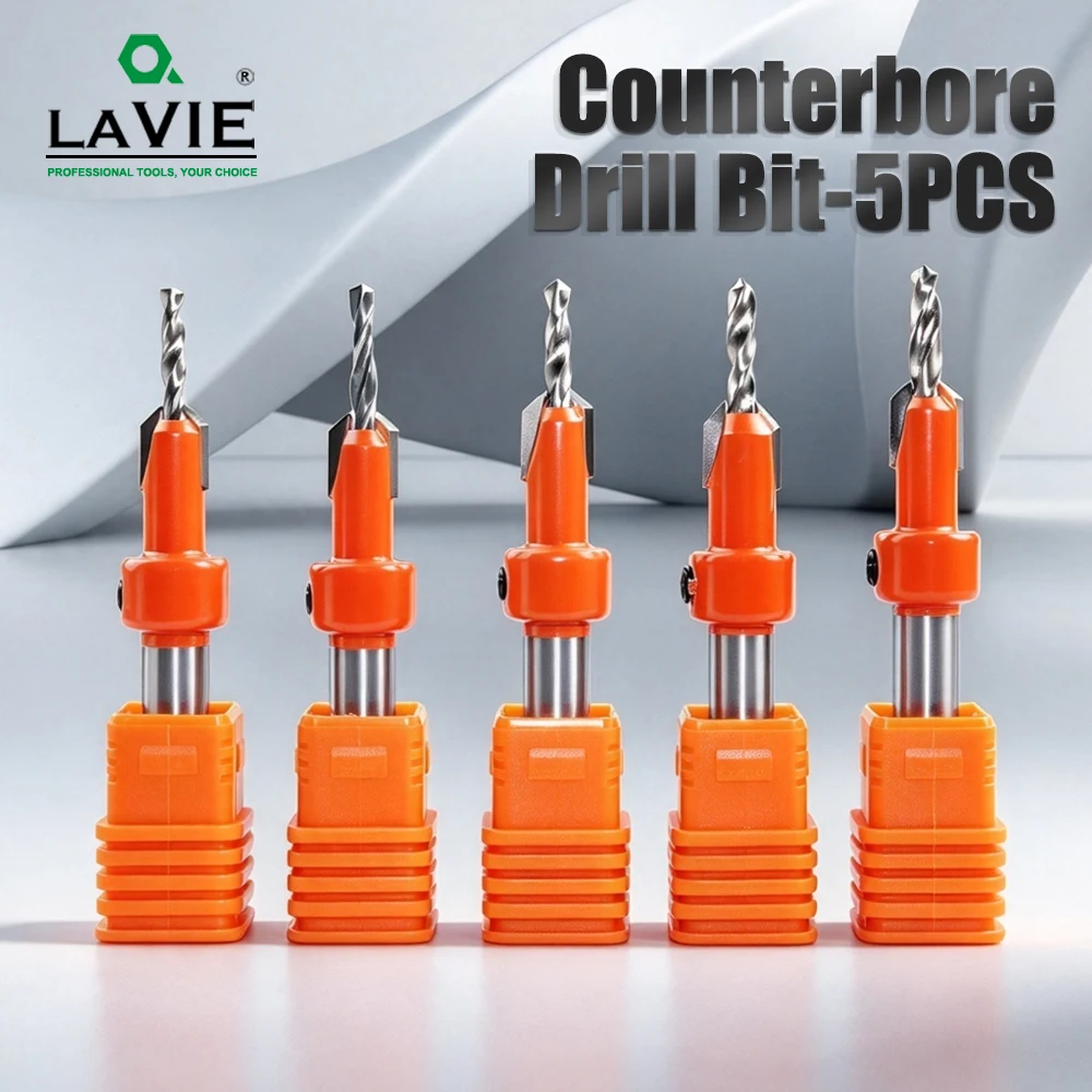 LAVIE Woodworking Countersink Drill Bit 8mm Shank, 90 Degree Chamfer, Adjustable 5-40mm Depth Tapered Pilot Hole Cutter