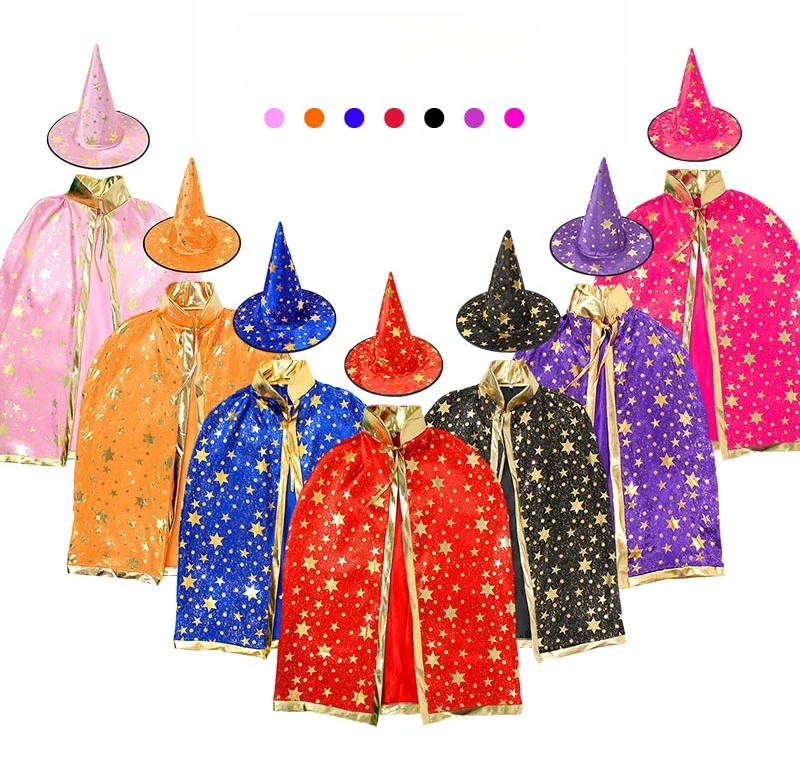 Halloween Cloak Boys and Girls Cos Witch Cloak Makeup Ball Five Star Cloak Hat Set Cosplay Cool Cute Costume Halloween Perform