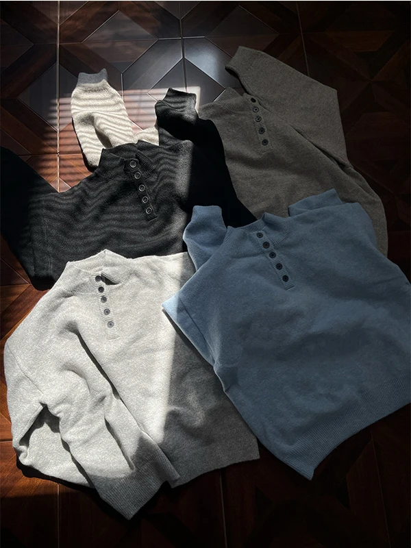 

Вязаный свитер Laid-ba Sle в американском и корейском стиле с воротником Хенли на пять пуговиц для мужчин и женщин, повседневный, удобный, из полиэфирного волокна