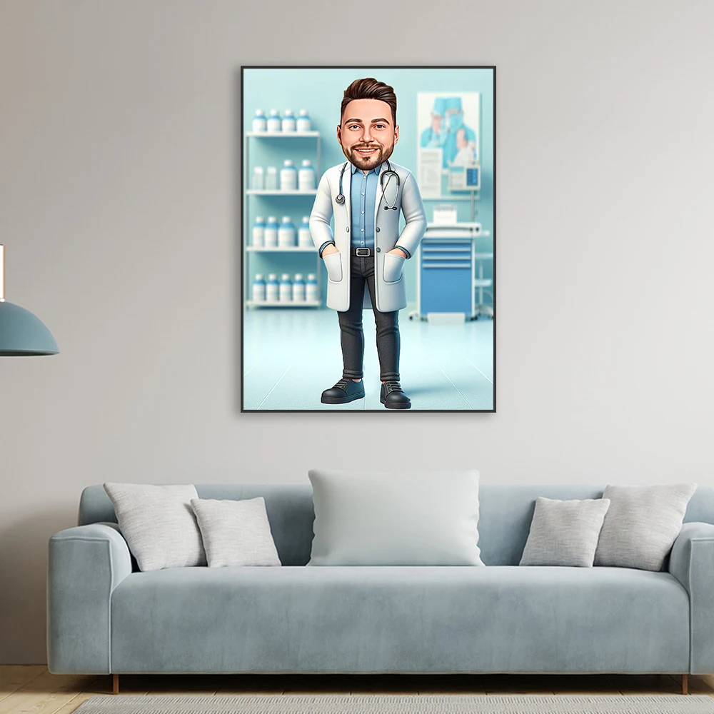 Custom Male Doctor Cartoon Portrait Poster Doctor Portrait Prints Doctor Caricature Canvas Painting Gift for Doctor Office Decor