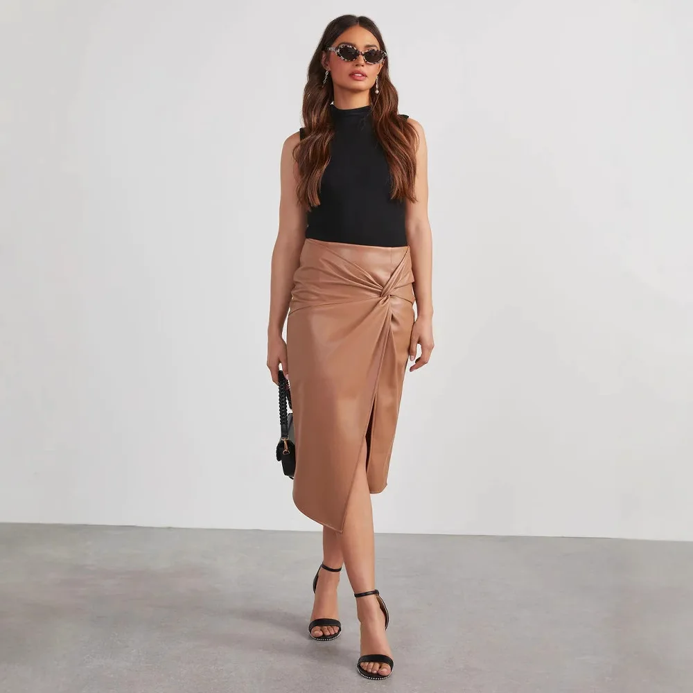 2025 Year Autumn And Winter New Slit Mid Long Sexy Spicy Girl Wrapped Buttocks Leather Skirt Female Punk Style Half Body Leather