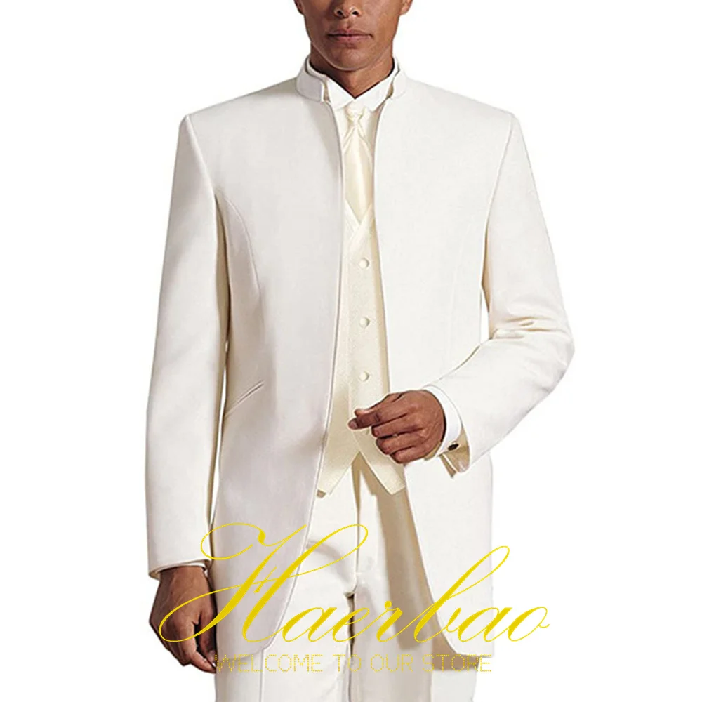 Ivory Men Wedding Suit Three Piece Groom Tuxedo Formal Stand Collar Jacket Pant Vest Party Tailored Clothes Men