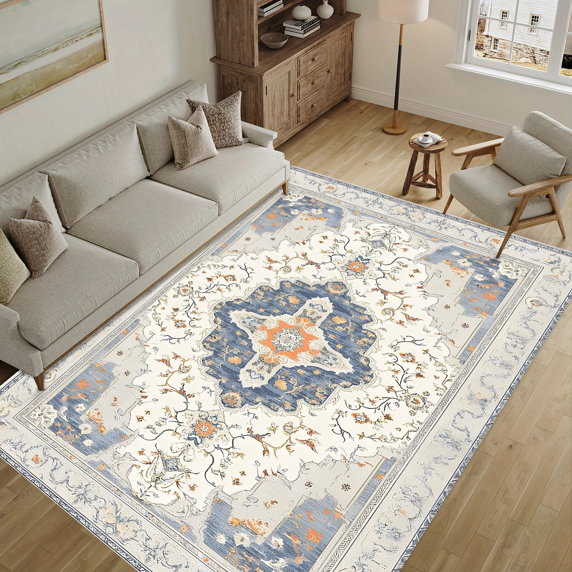Cream‑Blue Vintage Persian Area Rug, Star Medallion Border Pattern, Soft Tone for Living Room Bedroom Home Decor