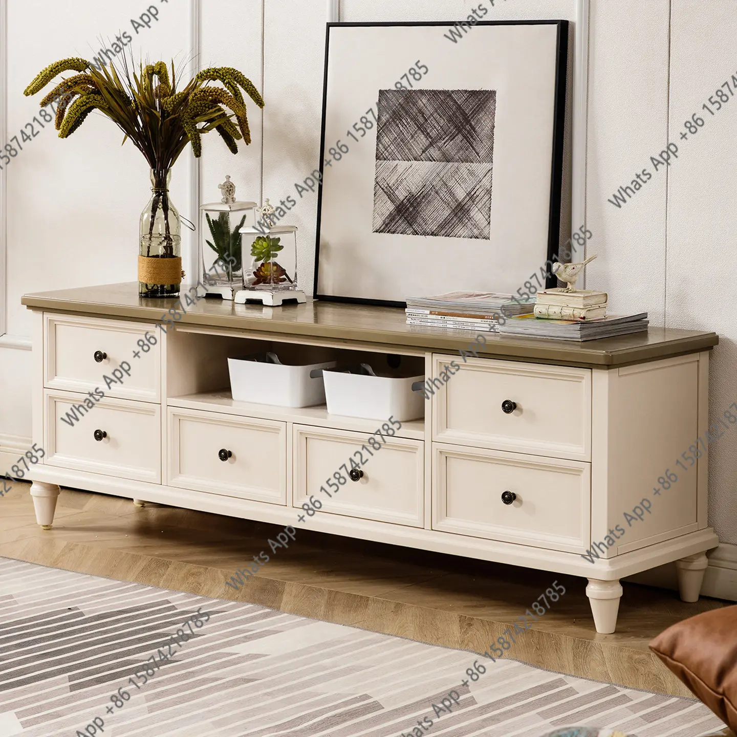 

American all-solid wood TV cabinet French light luxury living room coffee table combination furniture storage cream style