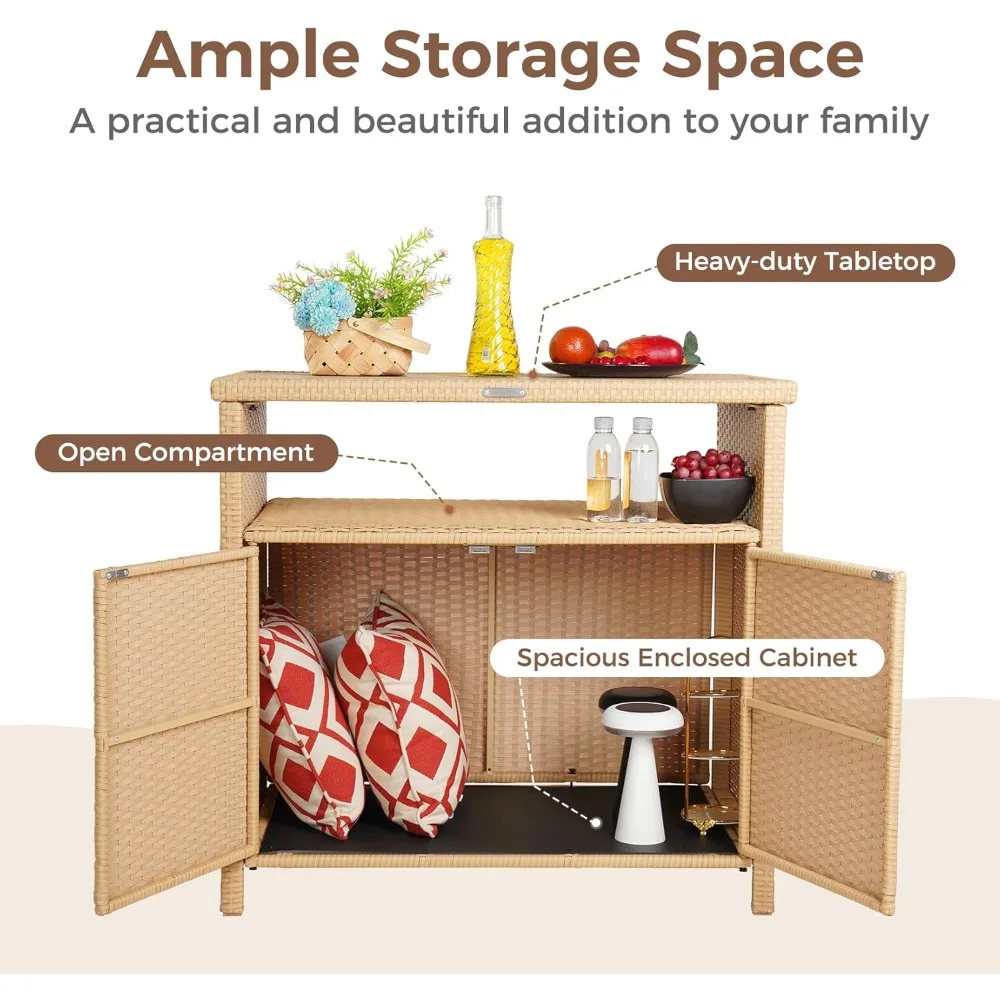 خزانة تخزين خارجية مع سطح من خشب الجوز وخزانة بوفيه من الخيزران المقاومة للطقس وخزانة جانبية من الخيزران ببابين لفناء الحديقة