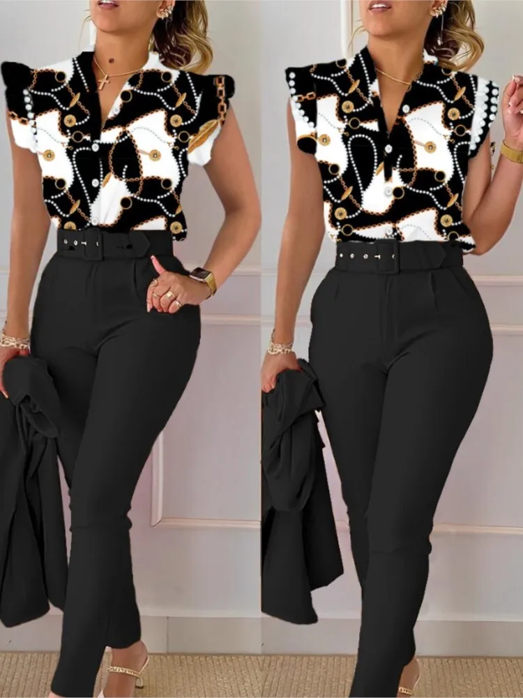

Summer Women's Elegant Slim Suit Fashion Printed V-neck Button Fly Sleeve Shirt Top Solid Color Trousers Two-piece Set With Belt